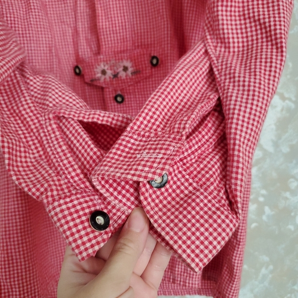 Isar TRACHTEN red Plaid Embroidered flower German Blouse Traditional 152 - Picture 5 of 7